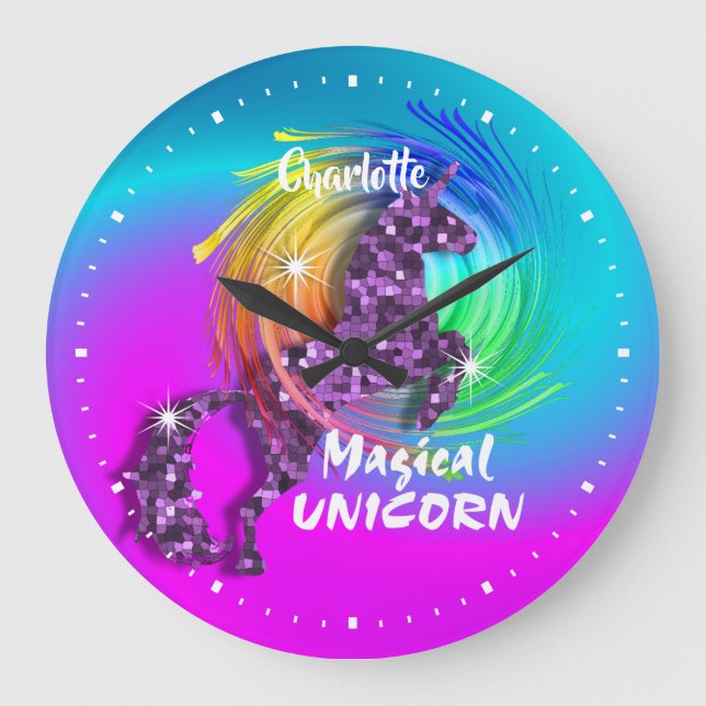 Pretty Fantasy Rainbow Unicorn Personalized Large Clock (Front)