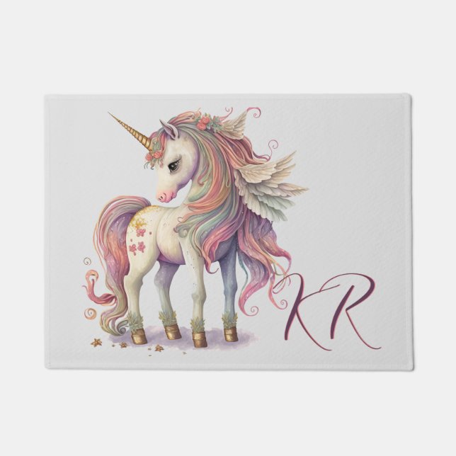 Pretty Fantasy Unicorn Rainbow Pastel Initials Doormat (Front)
