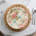 Pretty Farmhouse Rustic Pink Roses Paper Plate<br><div class="desc">Very pretty rustic/farmhouse/cottage style design featuring pink roses,  sage green foliage and dusty teal blue diagonal watercolor stripes on pastel yellow/buff background.</div>