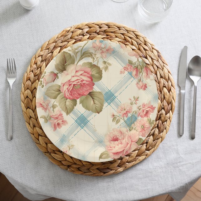 Pretty Farmhouse Rustic Pink Roses Paper Plate (Creator Uploaded)