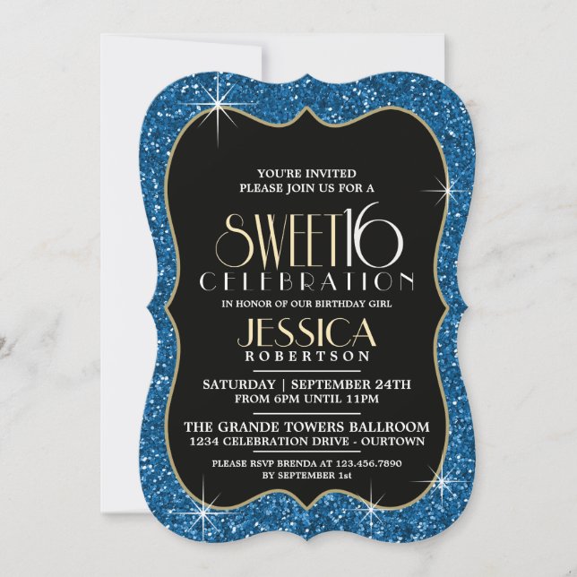 Pretty Faux Blue Glitter Sweet 16 Party Invitation (Front)