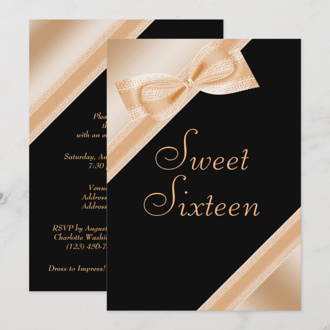 Pretty Faux Bow & Ribbon Sweet 16 Birthday Invitation (Front/Back)
