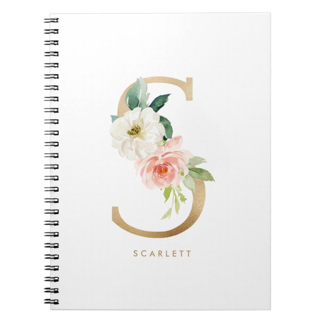 Pretty Faux Gold Foil Floral Letter A Monogram Notebook (Front)