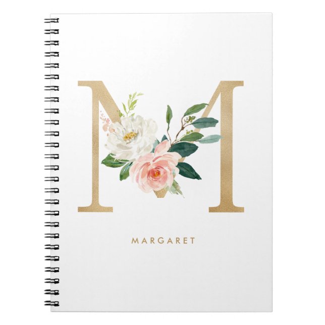 Pretty Faux Gold Foil Floral Letter M Monogram Notebook (Front)