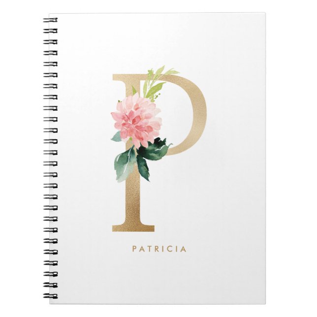 Pretty Faux Gold Foil Floral Letter P Monogram  Notebook (Front)