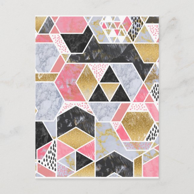 Pretty faux gold glitter marble geometric design postcard (Front)