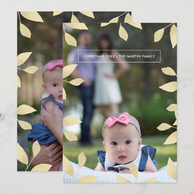 Pretty Faux Gold Leaves Christmas Photo Holiday Card (Front/Back)