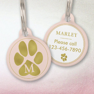 Pretty Faux Gold Paw print Blush Pink Monogram Pet Tag