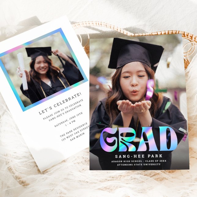 Pretty Faux Iridescent Retro Grad Photo Graduation Announcement (Creator Uploaded)
