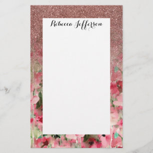 Pretty Faux Rose Gold Glitter on Watercolor Floral Stationery
