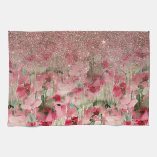 Pretty Faux Rose Gold Glitter on Watercolor Floral Tea Towel