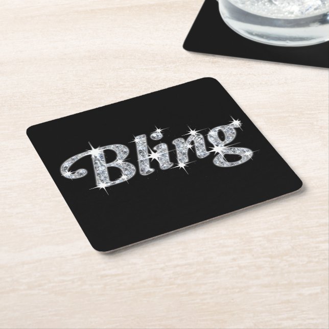 Pretty faux silver glitter diamond sparkle bling  square paper coaster (Angled)