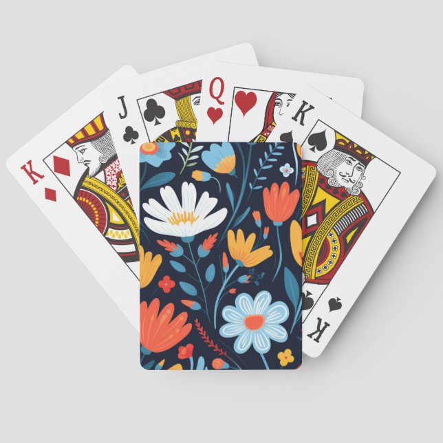 Pretty Feminine Black Floral Pattern Playing Cards (Back)
