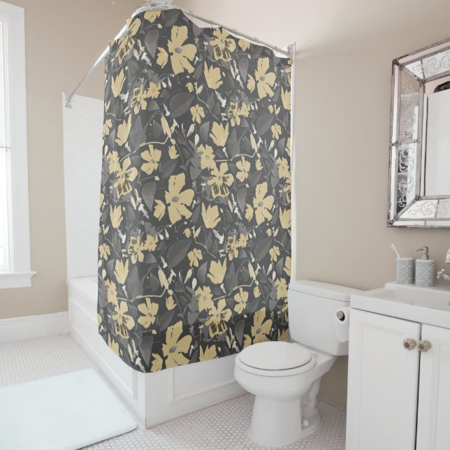 Pretty Feminine Gold Grey Floral Pattern Shower Curtain (In Situ)