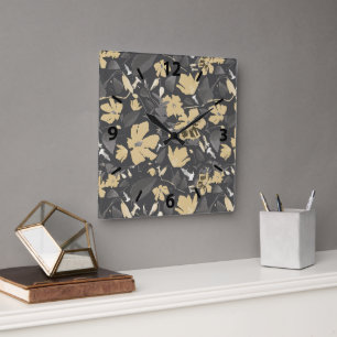 Pretty Feminine Gold Grey Floral Pattern Square Wall Clock