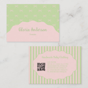 Pretty Feminine Green Pink Bow Stripe Pattern Business Card
