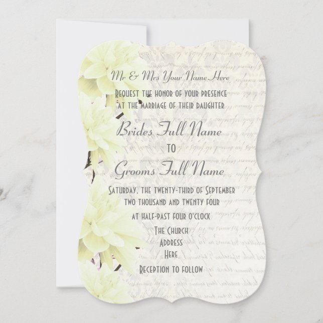 Pretty feminine pale pastel yellow floral wedding invitation (Front)