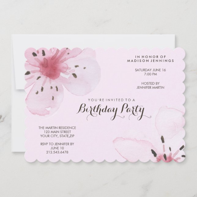 Pretty Feminine Pink Cherry Blossom Birthday Party Invitation (Front)