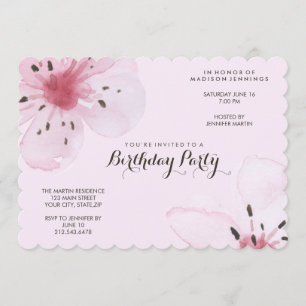 Pretty Feminine Pink Cherry Blossom Birthday Party Invitation