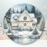 Pretty Festive House on a Frozen Lake Christmas Classic Round Sticker<br><div class="desc">Christmas stickers or envelope seals. Pretty white house decorated in Christmas lights,  wreaths and garland  on a frozen lake.</div>