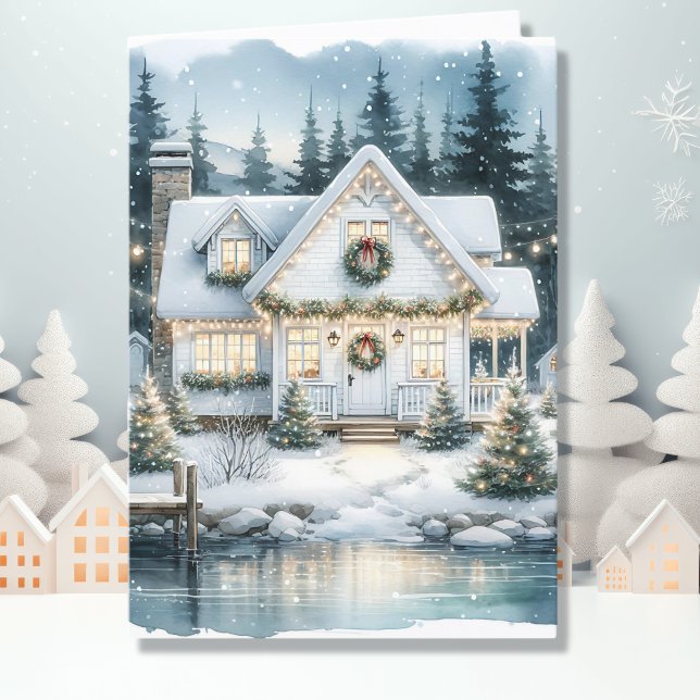 Pretty Festive House on a Frozen Lake Christmas Holiday Card (Creator Uploaded)