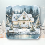 Pretty Festive House on a Frozen Lake Christmas Square Sticker<br><div class="desc">Christmas stickers or envelope seals. Pretty white house decorated in Christmas lights,  wreaths and garland  on a frozen lake.</div>