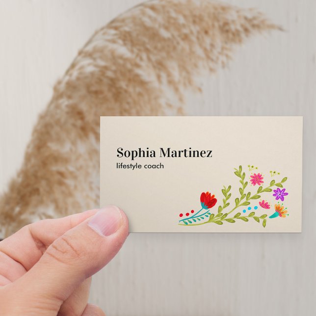 Pretty Fiesta Floral Bouquet Neutral Social Media Business Card (Horizontal Business Card with fiesta floral bouquet)