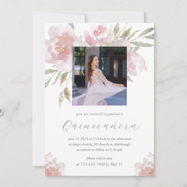 Pretty Floral 15 Years Birthday Quinceañera Photo Invitation (Front)