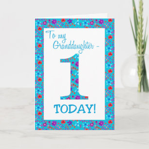 Pretty Floral 1st Birthday Granddaughter Blue Card