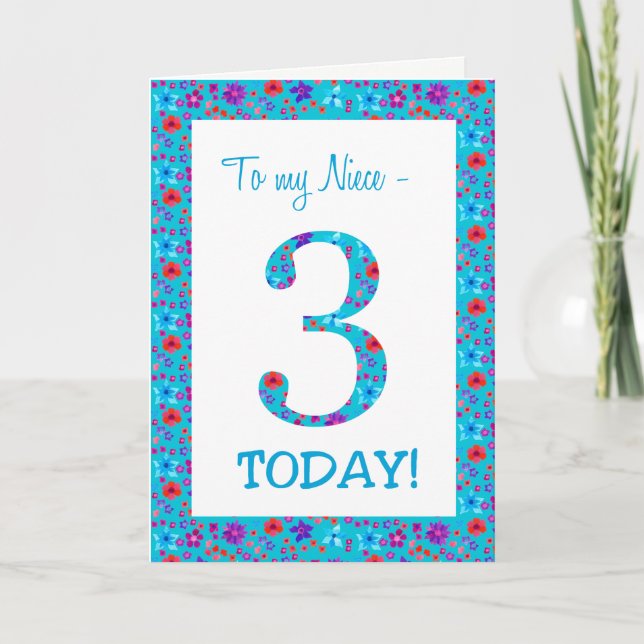 Pretty Floral 3rd Birthday for Niece Blue Card (Front)
