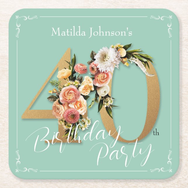 Pretty Floral 40th Birthday Mint Gold Glamourous Square Paper Coaster (Front)