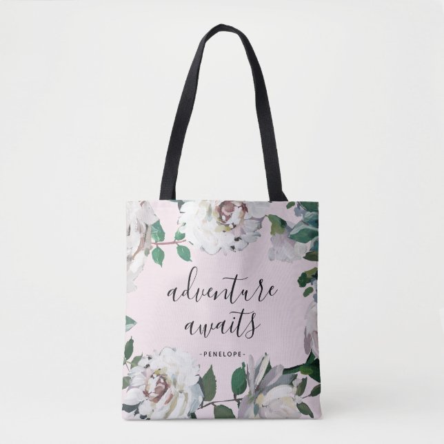 Pretty Floral Adventure Awaits with Name Tote Bag (Front)