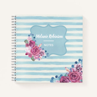 Pretty Floral and Blue Stripes Personalised Notebook