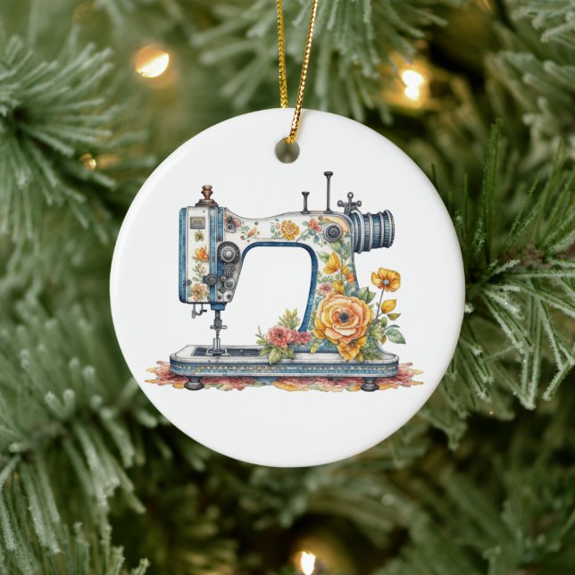 Pretty Floral Antique Sewing Machine Christmas Ceramic Tree Decoration (Tree)