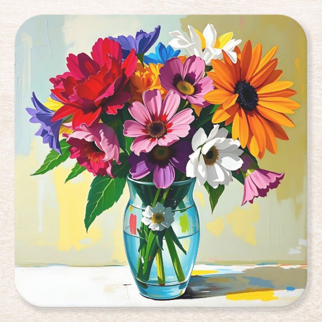 Pretty Floral Art Design Square Paper Coaster (Front)