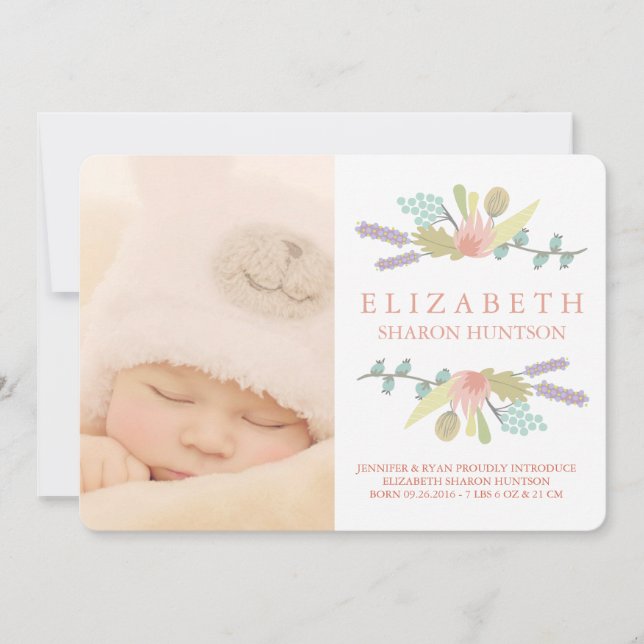 PRETTY FLORAL BABY BIRTH ANNOUNCEMENT PHOTOCARD (Front)