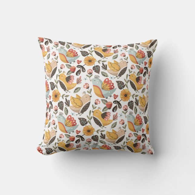 Pretty Floral Birds Bohemian Pattern Cushion (Front)