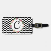 Pretty Floral Black White Chevron Monogram