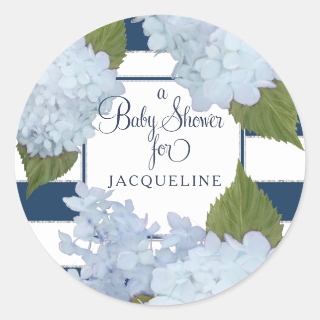 Pretty Floral Blue Elegant Navy White Baby Shower Classic Round Sticker (Front)