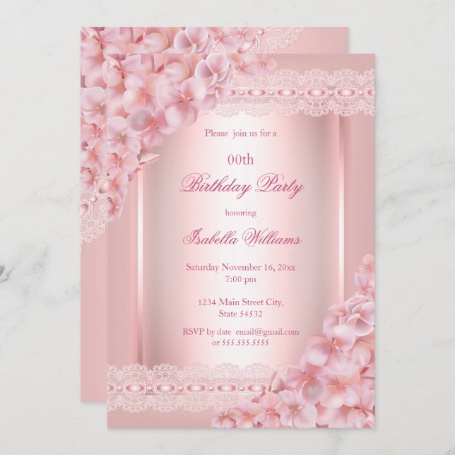 Pretty Floral blush Pink lace Birthday Party Invitation (Front/Back)