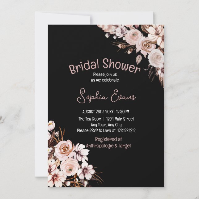 Pretty Floral Boho Black Bridal Shower Invitation (Front)