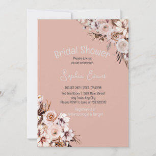 Pretty Floral Boho Tan Bridal Shower Invitation