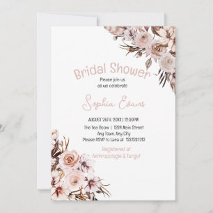 Pretty Floral Boho White Bridal Shower Invitation