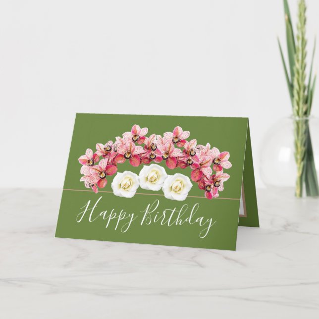 Pretty Floral Bouquet Orchid/Rose Flowers Birthday Card (Front)