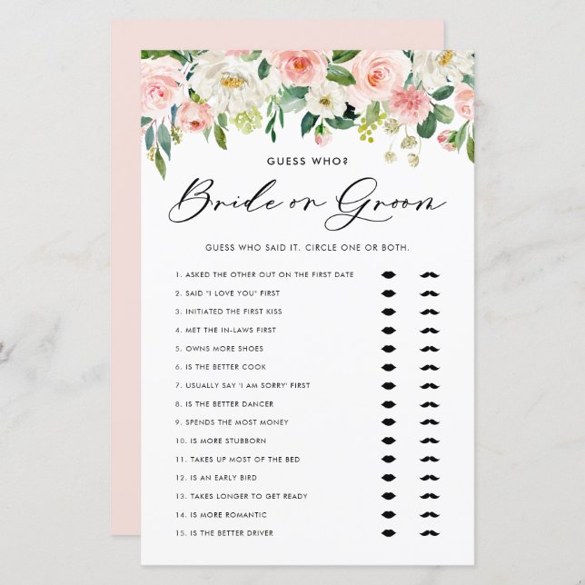 Pretty Floral Bride or Groom Bridal Shower Game (Front/Back)