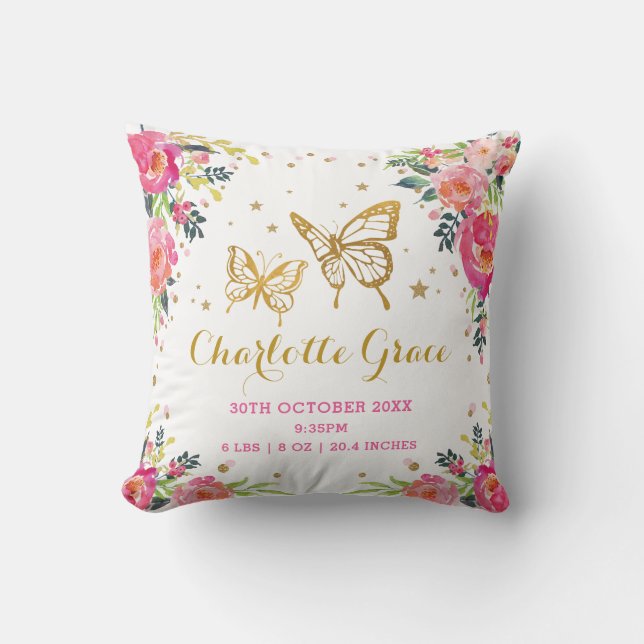 Pretty Floral Butterfly Birth Stats Girl Nursery Cushion (Front)