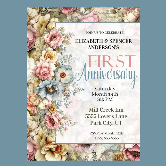 Pretty Floral Collage 1st Wedding Anniversary Invitation (Vintage floral 1st anniversary invitation with watercolor flowers and romantic botanical design
)