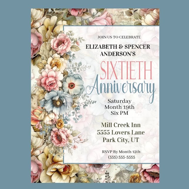 Pretty Floral Collage 60th Wedding Anniversary Invitation (Vintage floral 60th anniversary invitation with watercolor flowers and romantic botanical design
)