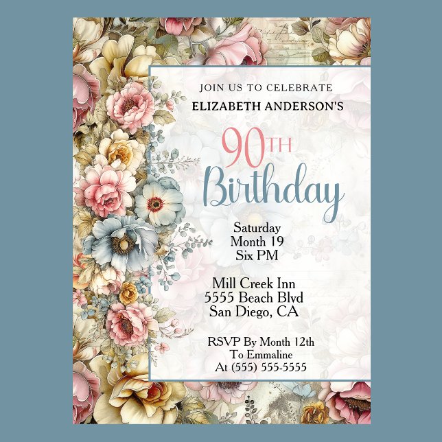 Pretty Floral Collage 90th Birthday Invitation (Elegant pastel floral 90th birthday invitation with vintage flowers and soft blue accents
)
