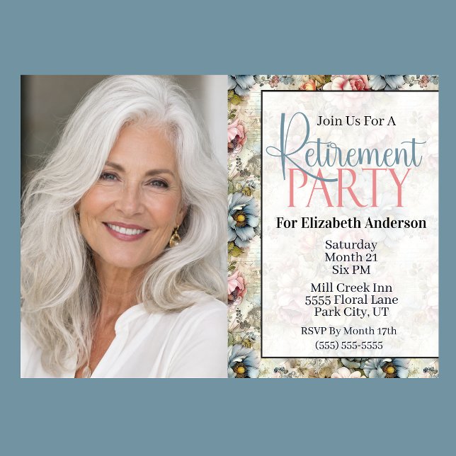 Pretty Floral Collage Retirement Party Invitation (Vintage floral retirement party invitation with watercolor flowers and romantic botanical design
)